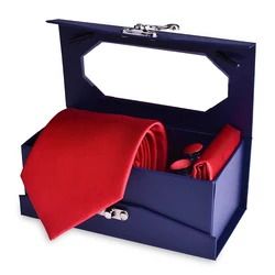 Mens 8cm Silk Tie Sets Gifts Necktie Mens with Pocket Square Box Men Ties and Hanky Set with Cufflinks for Wedding Business