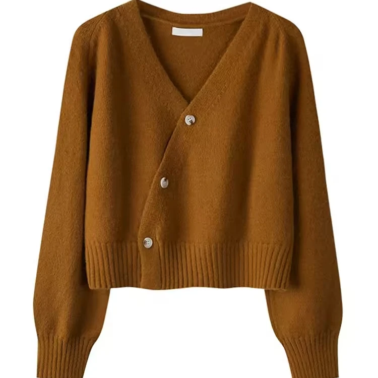 Autumn Winter Skew Button Cardigan V-neck Sweater Women Knitted Long Sleeve Tops Korean Loose Solid Cashmere Sweater for Woman