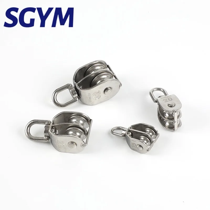 Stainless Steel 304 Pulley Block Marine Swivel Eye Pulley with Plat Shoulder and Double Wheels Snatch Pulley M20