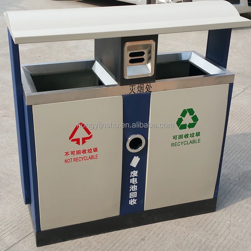 Modern design outdoor trash can stainless steel metal trash bin 2 in 1 waste container