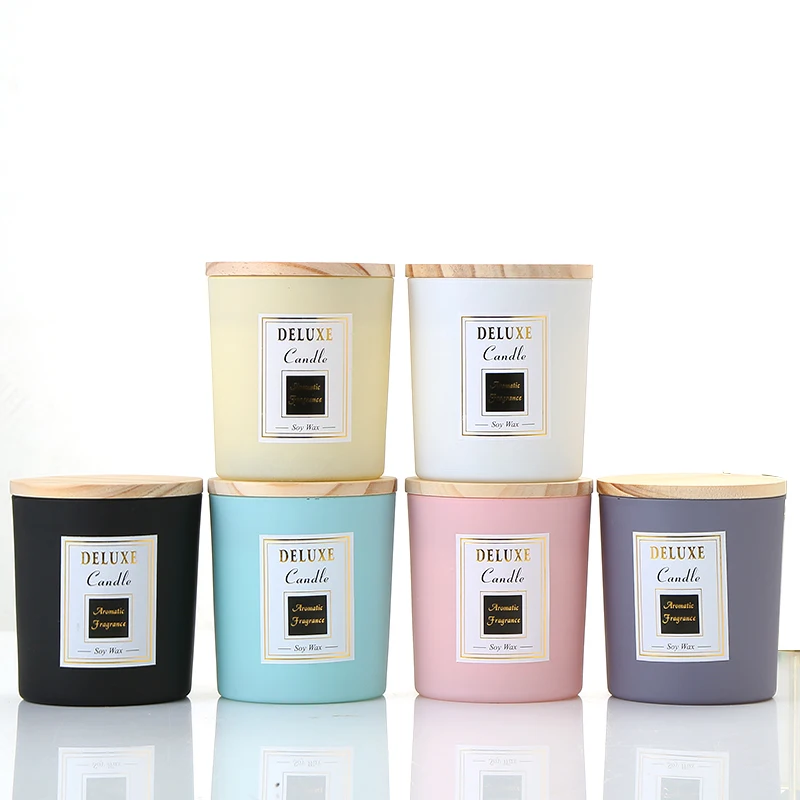 
Creative multicolor frosted transparent candle jar with wooden lid, black candle jar 