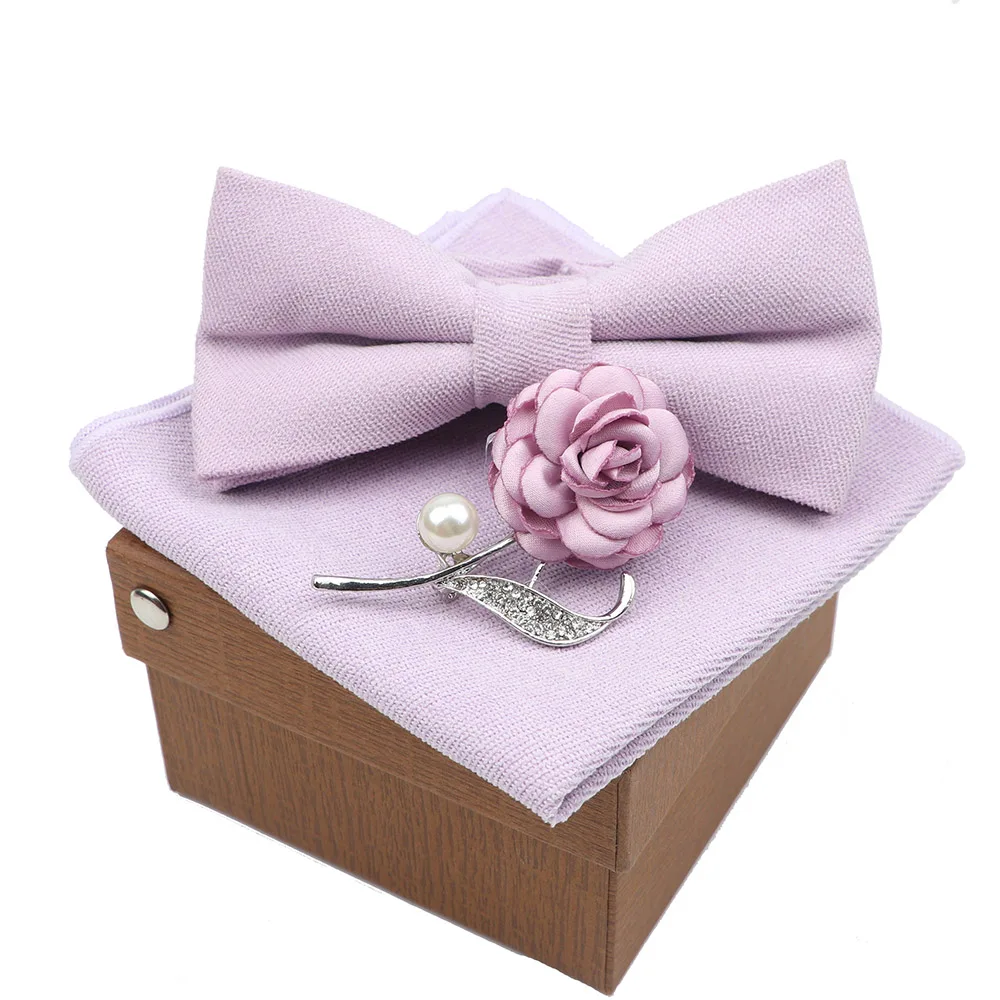 Men Super Soft Suede Solid Color Cotton Bow Tie Handkerchief Brooch Set Bowtie Orange Pink Blue Butterfly Wedding Novelty Gift