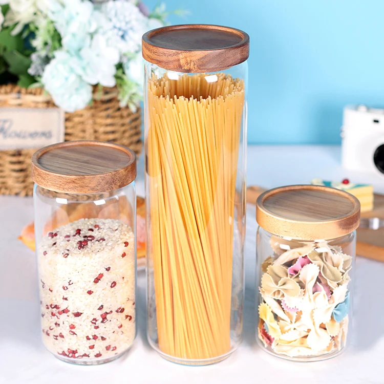 Airtight Smell Proof Glass Food Spice Storage Jars with Acacia Wood Lids Kitchen Containers