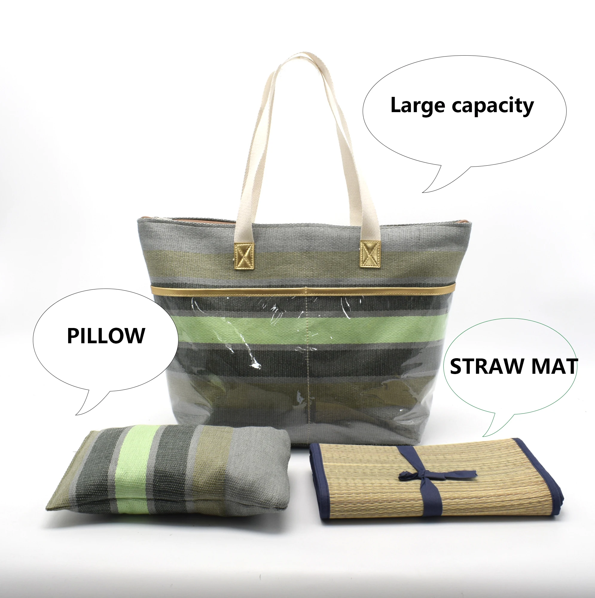 2022 Durable large capacity New Design paper fabric Summer Beach Bag Set with straw beach mat and pillow 3 in one bag