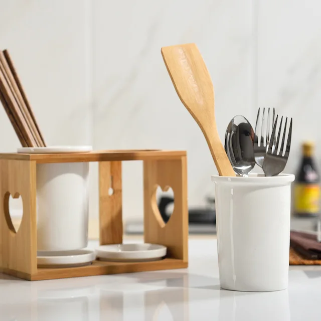 Custom Hot Selling Silverware Storage Holder Kitchen Flatware Organizer Set With Wood Base Cutlery Ceramics Storage Holder