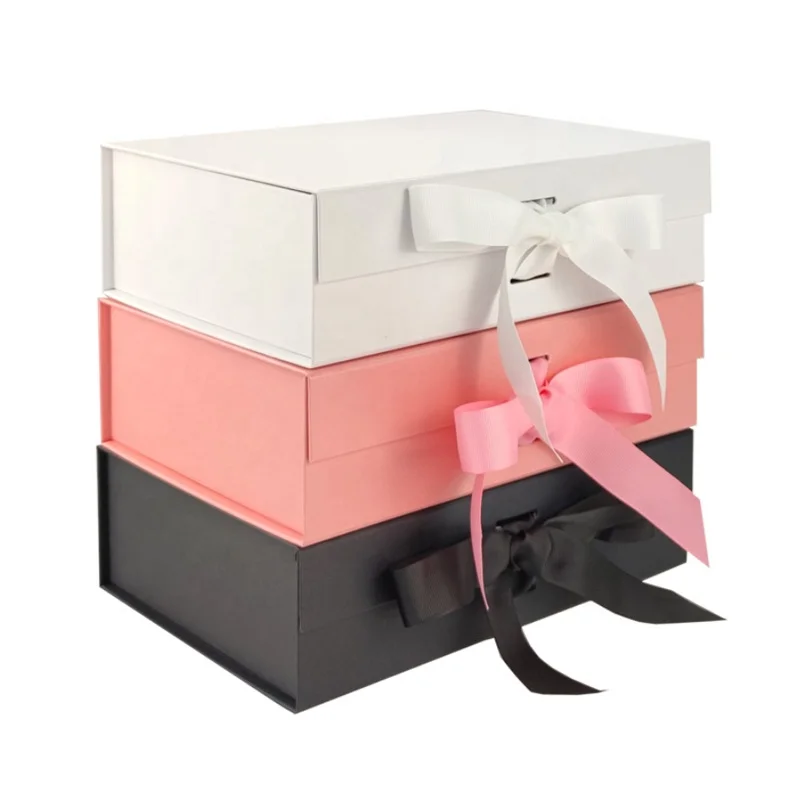 Custom recyclable black white Cardboard Luxury cosmetic Wedding paper Packaging Folding Magnetic Gift Box With Ribbon