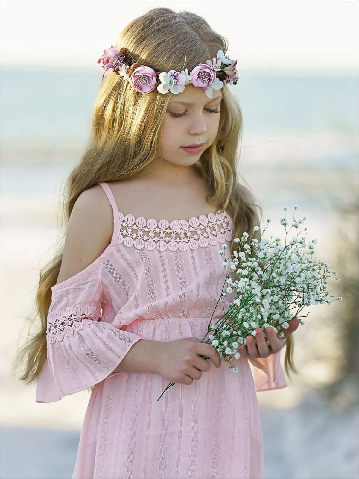 4 To 14 Years Kids & Teenager Girls Summer Off-shoulder White Pink Ruffle Beach Dress Children Princess Sleeveless Dresses