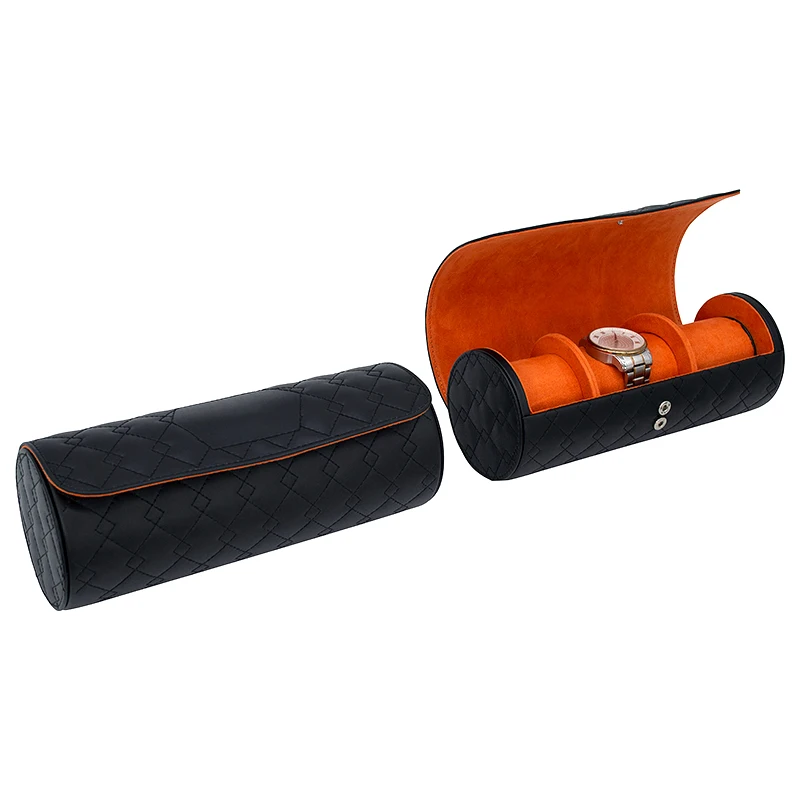 Dropshipping 3 Slots Round Black Watch Roll Leather Portable Travel Watch Case Box