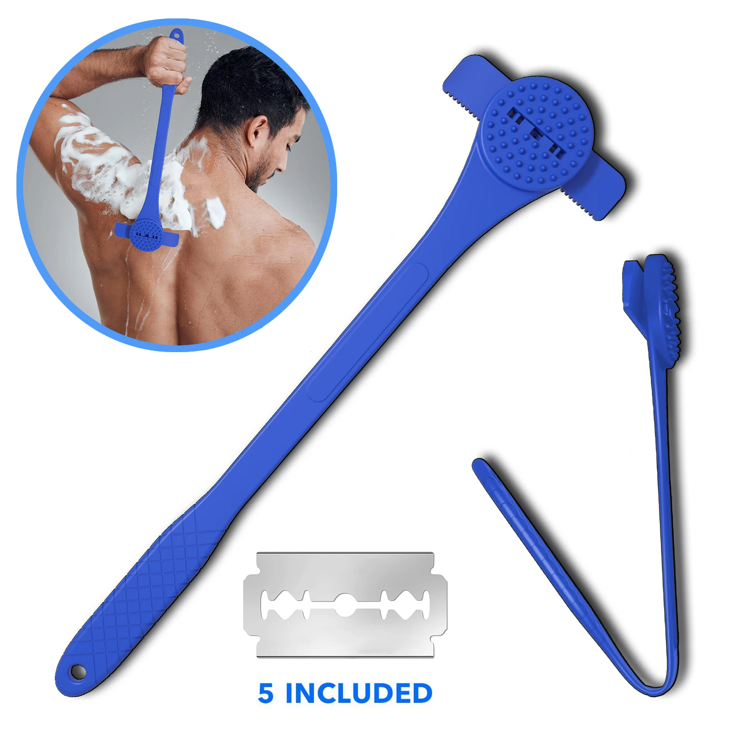 2-in-1 Back Shaving Knife with Silicone Flexible Handle and Back Scrubbing Brush Manual Personal Groomer, No Battery Required