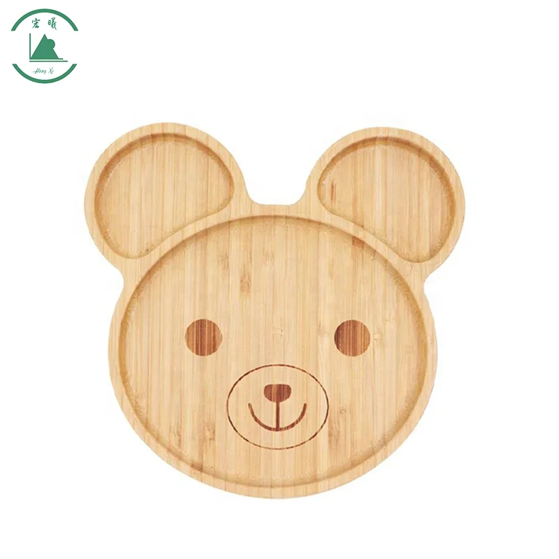 Hongshun 2022 New Cartoon Wooden Bamboo Plates And Bowls Spoons Sets With Strong Silicone Suction Tableware