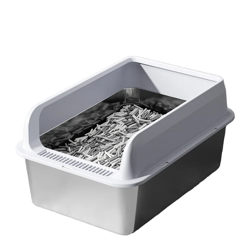 Oversized Open Style Stainless Steel Cat Litter Box Raised Fence High Absorption Splash Proof Cat Toilet Poop Basin Cats Dogs
