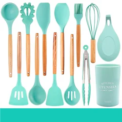 Wooden handle silicone kitchen utensil cooking spoon spatula colter spatula wooden handle silicone kitchen utensil set