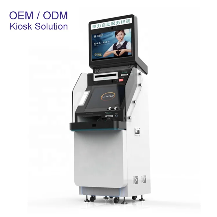 21.5 inch Dual touch screen self service terminal bill payment documents printing kiosk with card reader camera  handset