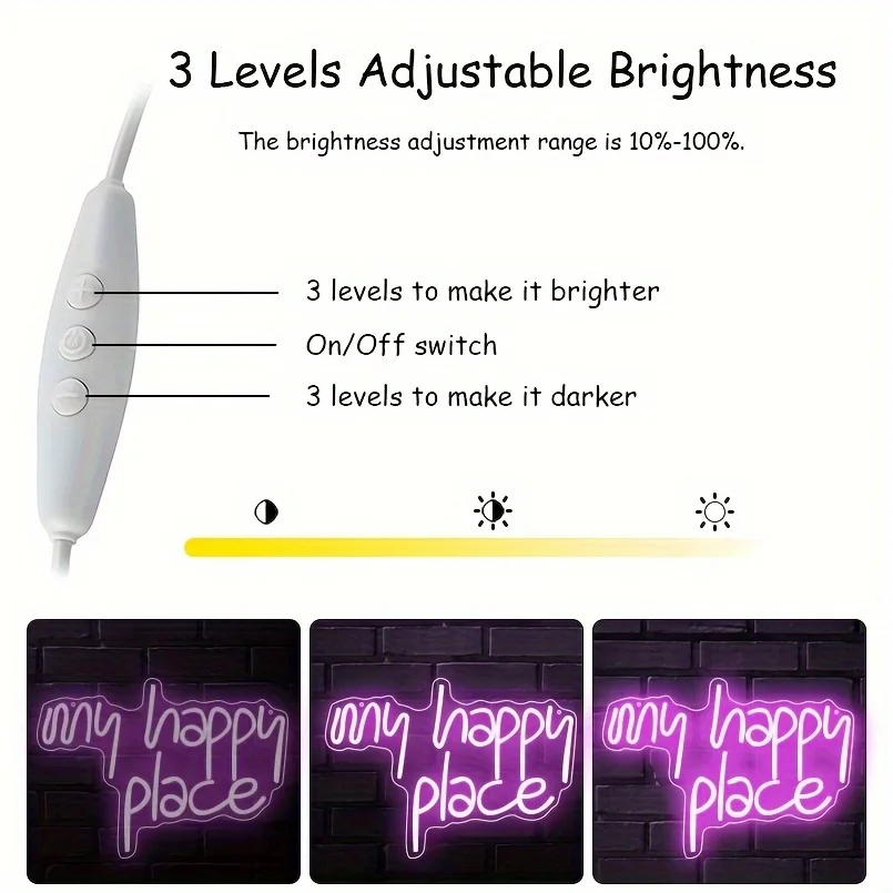 1 pc My Happy Place Neon Sign LED Light up for Wall Decor Pink Neon Lights Neon Letters Room Aesthetic Accessory