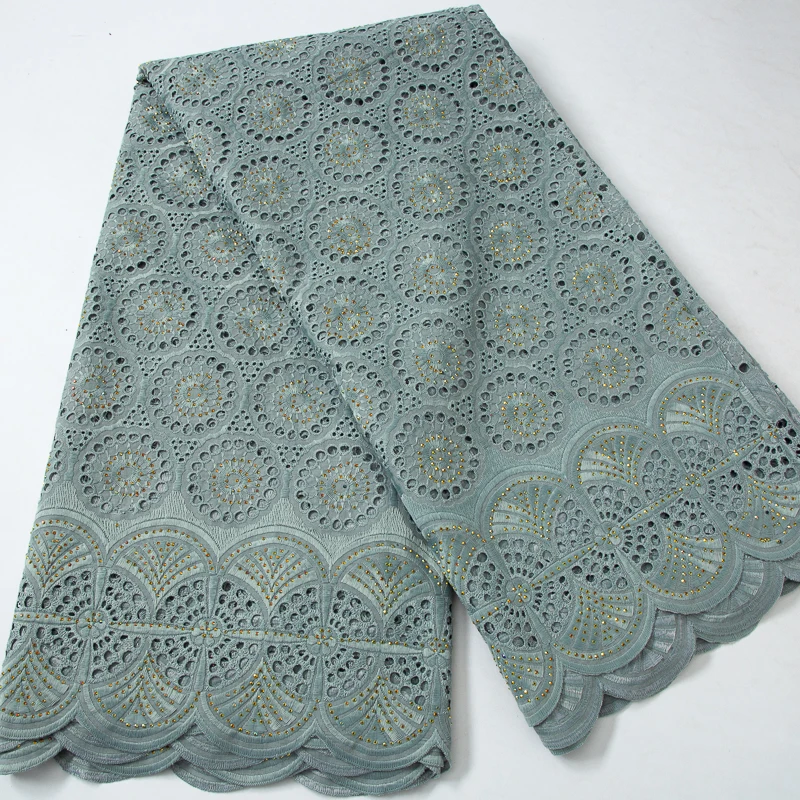Wholesale Plain Grey Swiss Voile Lace Fabric with Rhinestones High Quality African Cotton Lace  for Women Party Dresses 4011