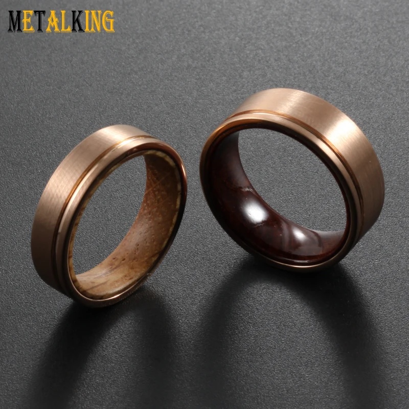 6mm Rose Gold Tungsten Carbide Ring Brushed Thin Grooved Whiskey Barrel Wood Inlay Wedding Band for Men Women Comfort Fit