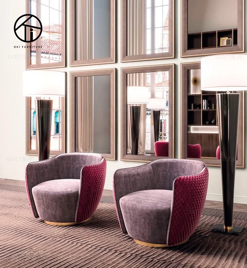 high end exclusive modern elegant living room furniture beautiful couch purple gold metal base leisure chairs single sofa