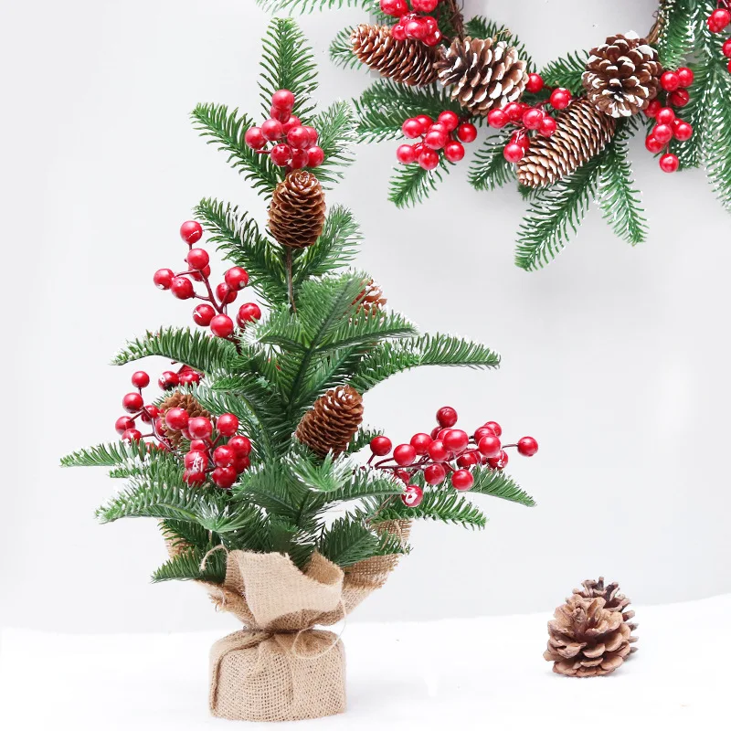 CR-B161 Mini Christmas Trees with Cherry Burlap Tabletop Trees Artificial Pine Desktop Ornament for Home Office Banquet