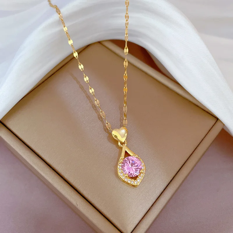 Low Price Gold Color Plated Choker Luxury The Heart Colorful Zircon Pendants Stainless Steel Necklaces For Women Fashion Jewelry