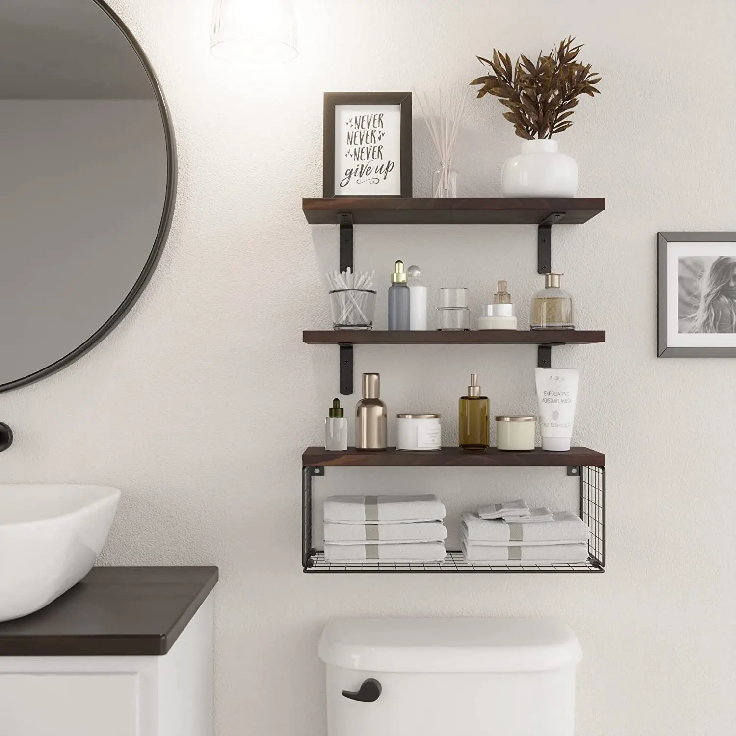 Wood Floating Bathroom Shelves over Toilet Rustic Floating Shelf for Wall Decor with Toilet Paper Storage Basket Set of 3