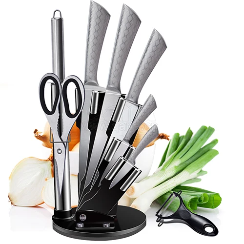 QANA Factory Wholesale OEM 9pcs cooking knifes set stainless steel damascus kitchen chef knife scissor potato peeler set