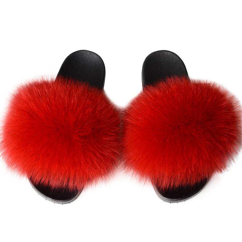 
Wholesale new style fluffy women real fox fur slides soft bedroom fur slippers 