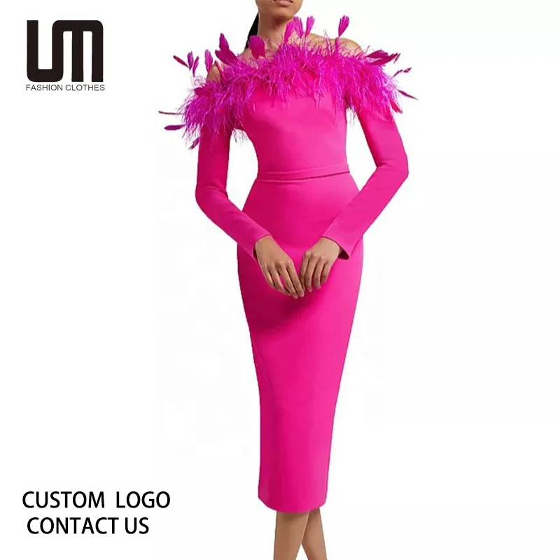 Liu Ming High End 2024 Women Elegant Sexy Feathers Long Sleeve Bodycon Clothes Club Party Evening Midi Dresses
