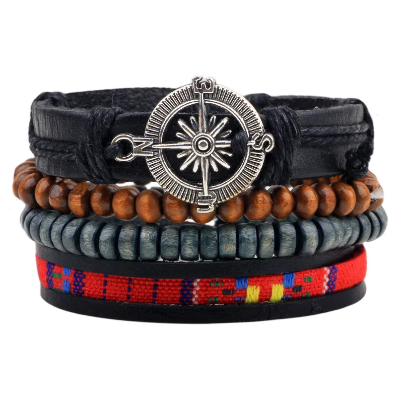 Fashion 3/4Pcs/ Set Braided Wrap Leather Bracelets for Men Vintage Life Tree Guitar Charm Wood Beads Ethnic Tribal Wristbands