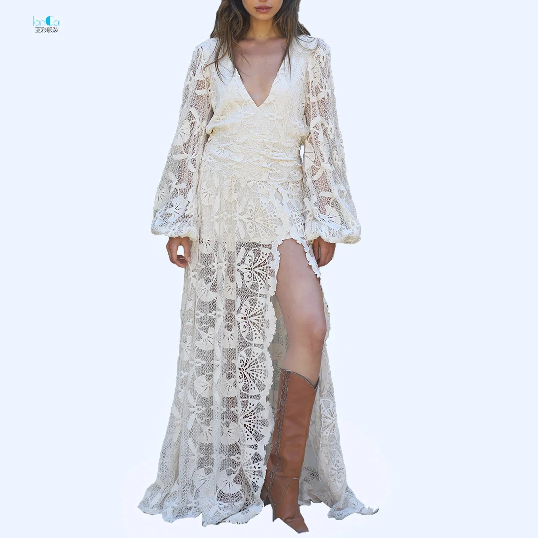 2022 Summer New Boho Sexy  Maxi Dresses Sundress Plus Size Slip White Casual Lace Long Sleeve Dress Women Elegant