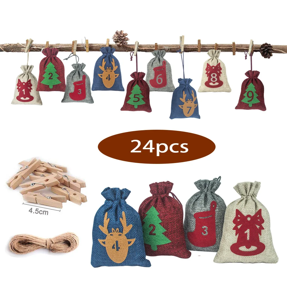 New Christmas jute burlap bag Christmas hanging countdown advent calendar bag