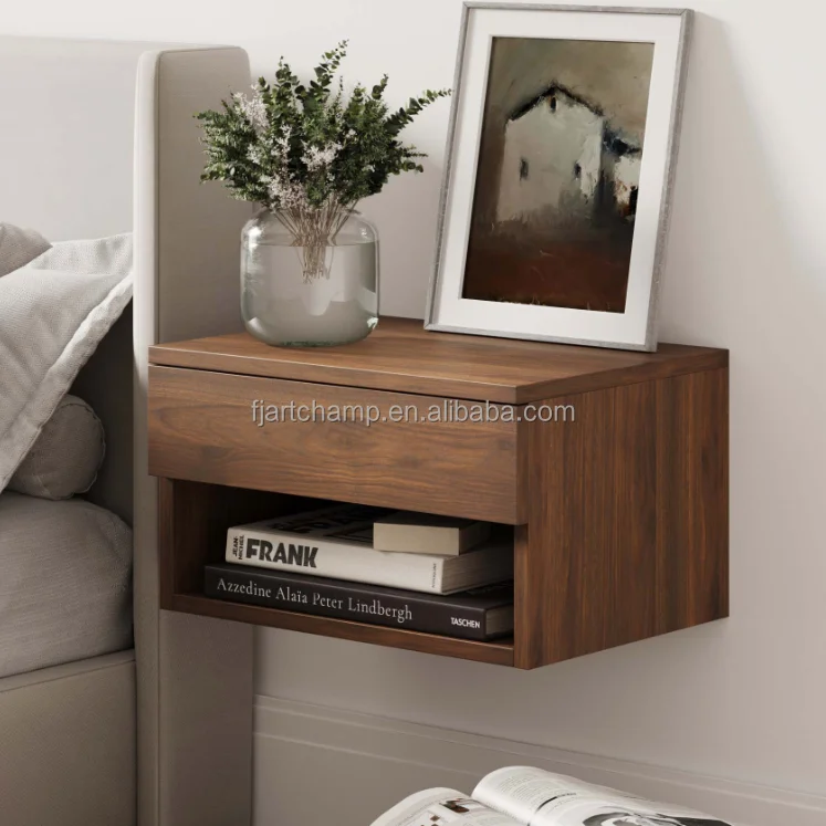 Vintage Furniture Bedroom Floating Wooden Nightstand Wall Mounted Lamp Bedside Table