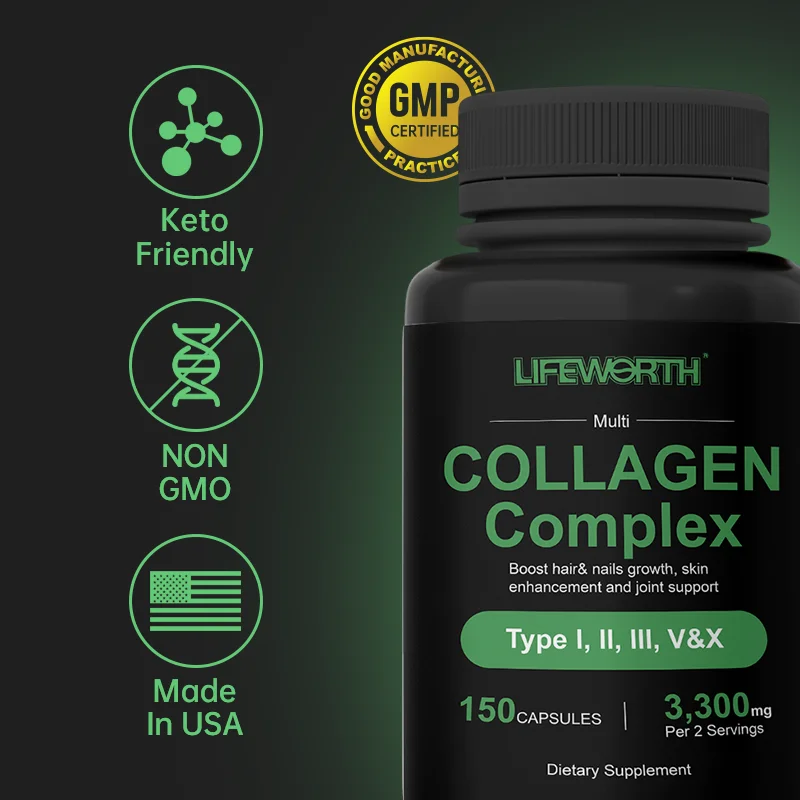 LIFEWORTH OEM Collagen Type I, II, III, V, X Multi Collagen Complex Capsules 150Capsules With Vitamins Skin Care