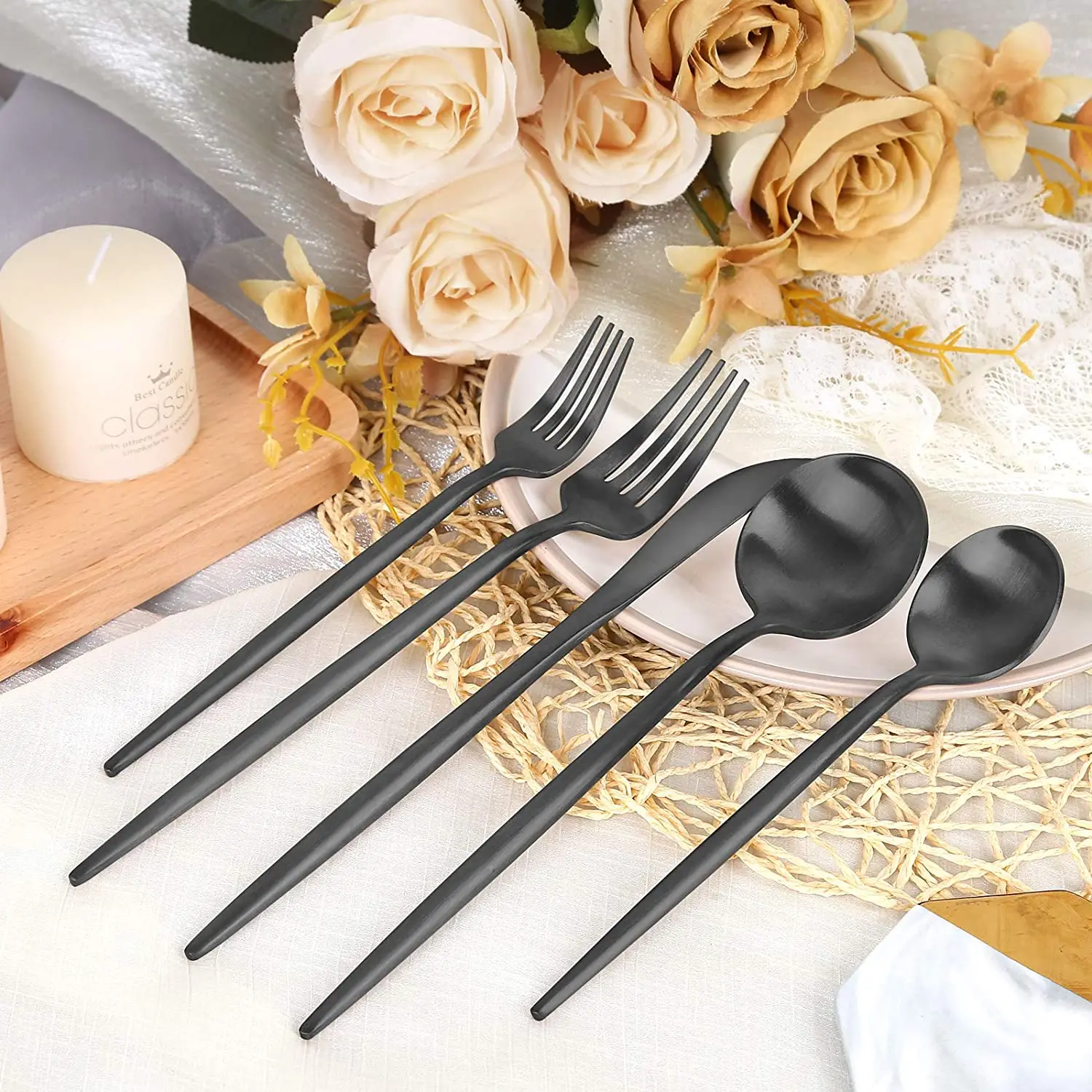 Wholesale Spoon Fork Knife Restaurant Silverware Wedding Bulk Hotel Cutlery Stainless Steel Matte Black Flatware Set