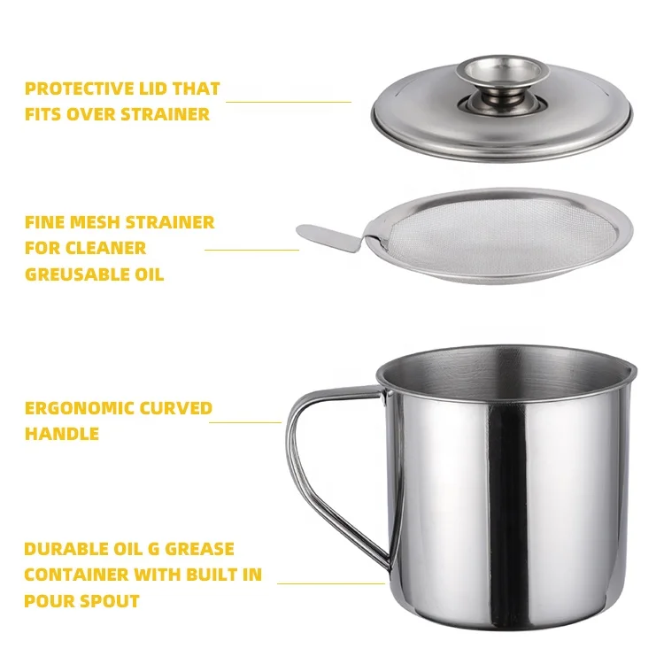 Stainless Steel Oil Pot/oil Cup/ Oil Drain Cup with Filtering Strainer 410 Oil Filter Cup with Handle