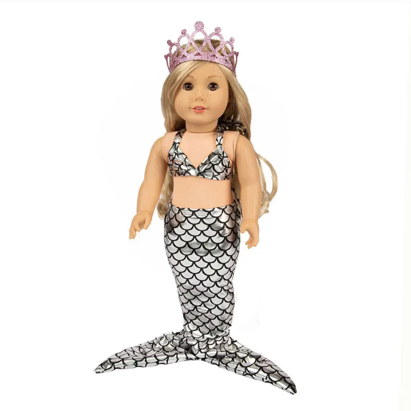 Hot Selling Fashion Sequined Mermaid Swimsuit Crown Bikini 18 In American Reborn Baby Dolls Clothes Miniature Doll Accessories