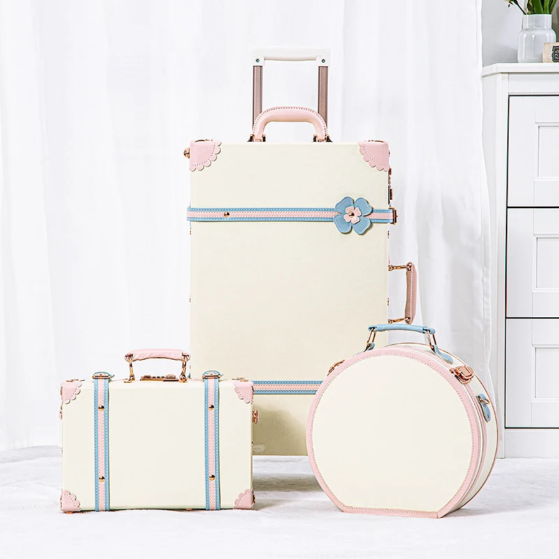 Vintage Luggage Set Trunk Style Suitcase with Wheels 3-Piece PU Leather Luggage and Beauty Case Set