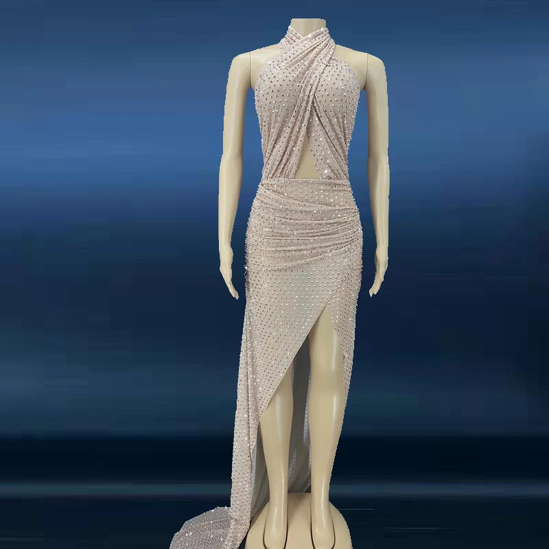 Novance Y2278 High Quality Diamond Fashion Dress Long Sleeve Mesh Dress Bodycon Wrap Dress Women Casual Side Slit Celebrity Gown