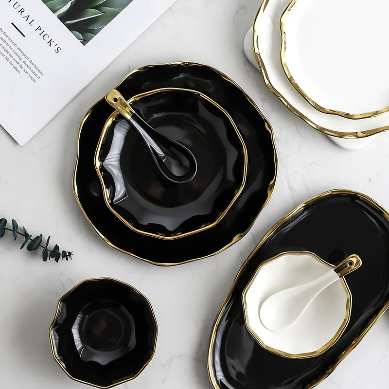 Ruili RL-R190807 Plates Sets Dinnerware Ceramic Porcelain Cheap Dishes set Dinnerware for Saucers Pure Color with Gold Edge