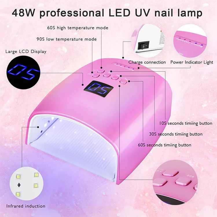 Professional Strong Power 48W Led UV Nail Lamp Pink Rechargeable Wireless Gel Nails Dryer For Polish Dry