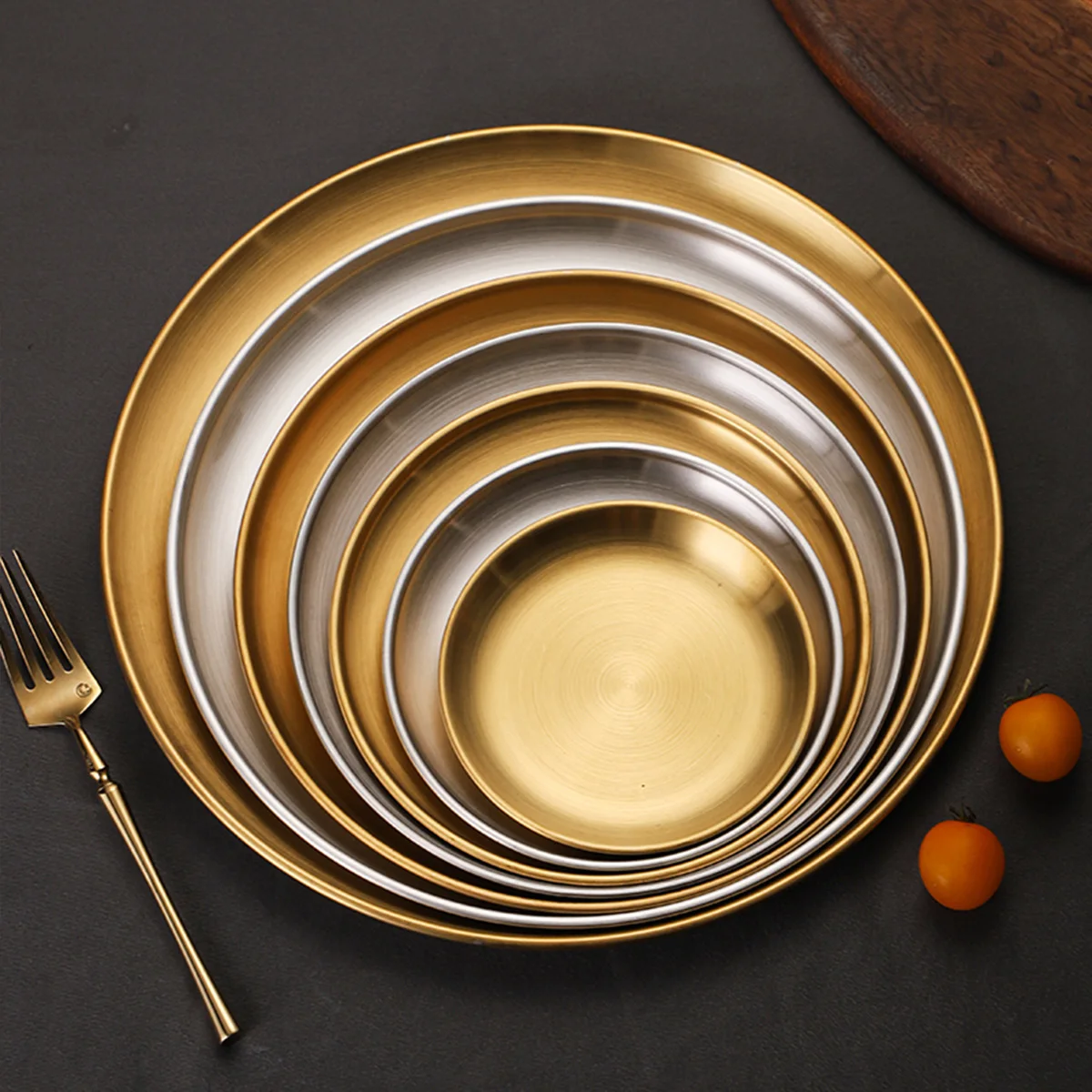 Simple style stainless steel round dinner plates silver gold dishes dessert plates party wedding plates serving dishes