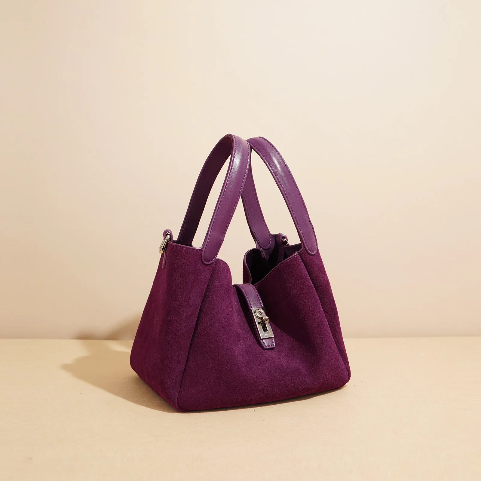 Vintage women casual suede leather bucket handbags for women luxury custom logo women tote fall winter purple leather handbag