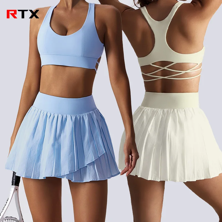 2023 Trend Custom High Quality Cross Halter Sports Bra Spandex Quick Dry Yoga Running Golf 2 In 1 Women Pleated Tennis Skirt Set