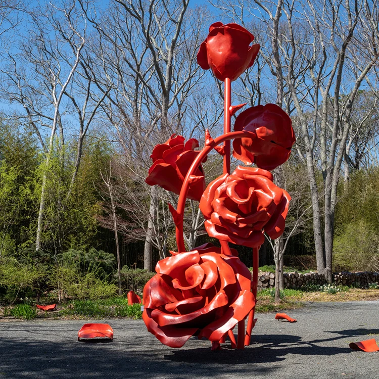 Beautiful design garden decor red rose flower design metal abstract flower stainless steel sculpture