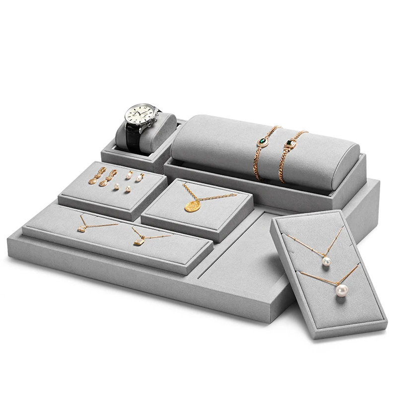 FANXI Monet Grey Jewelry Combo Set Microfiber Luxury Jewelry Display Stand Set Window Display Props