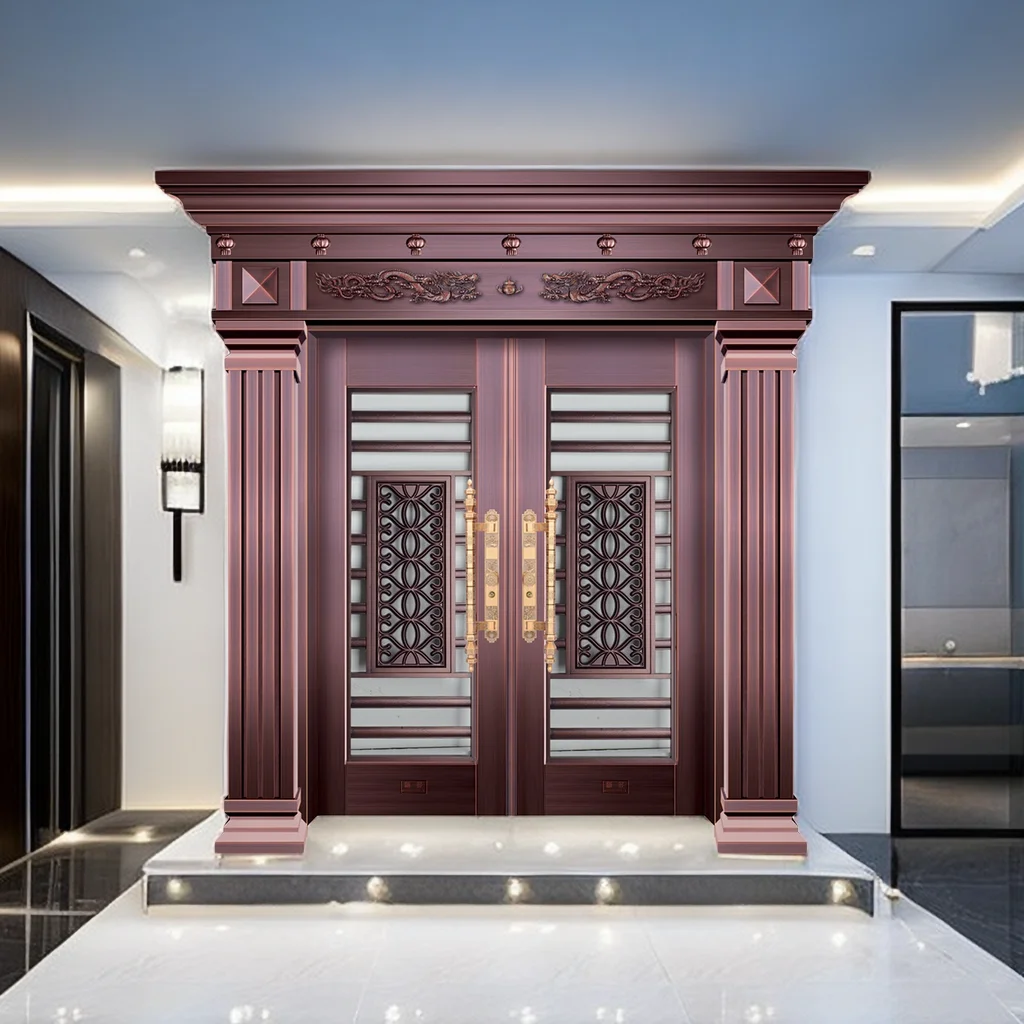 Modern Front Door Outdoor Bulletproof Double Exterior Entry Cast Aluminum Steel Exterio Doors For Store Villa