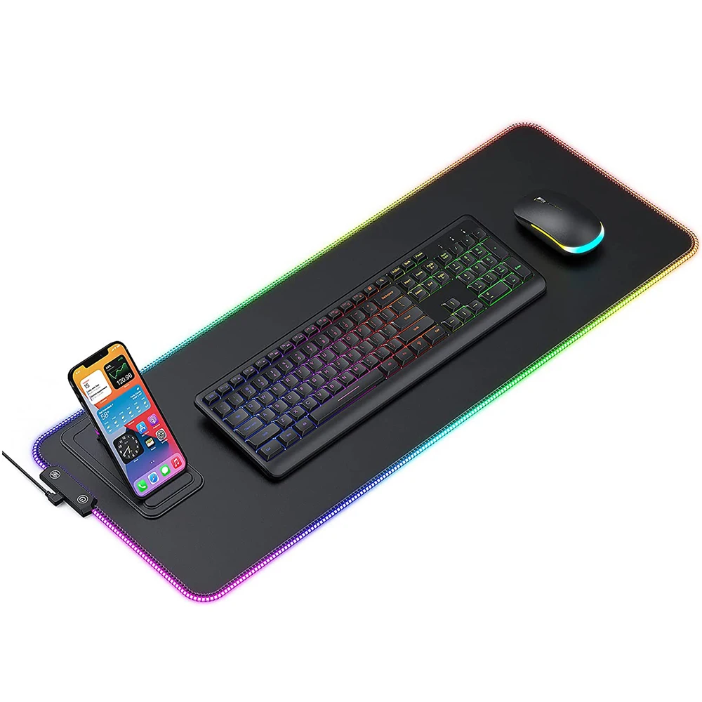RGB игровой коврик для мыши, светодиодный коврик для мыши с держателем для телефона и 14 режимами освещения, 2 уровня яркости, Противоскользящий резиновый базовый Коврик для мыши