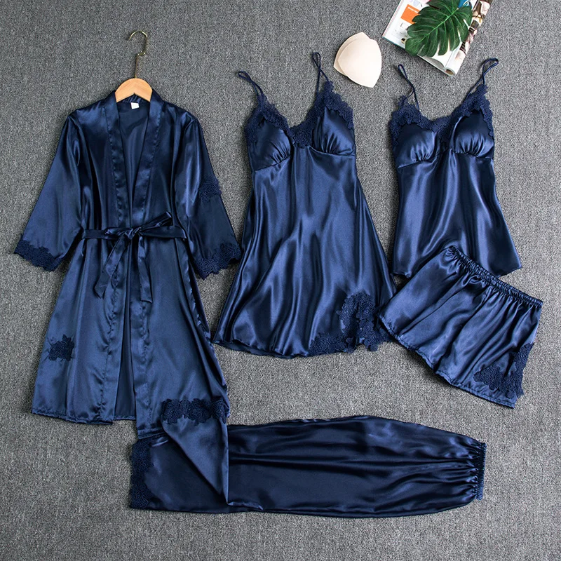 wholesale ladies Pajamas 5Pcs Set Satin Silk Home Suit Clothing Embroidery Plus size V-Neck Lace women Sexy Sleepwear