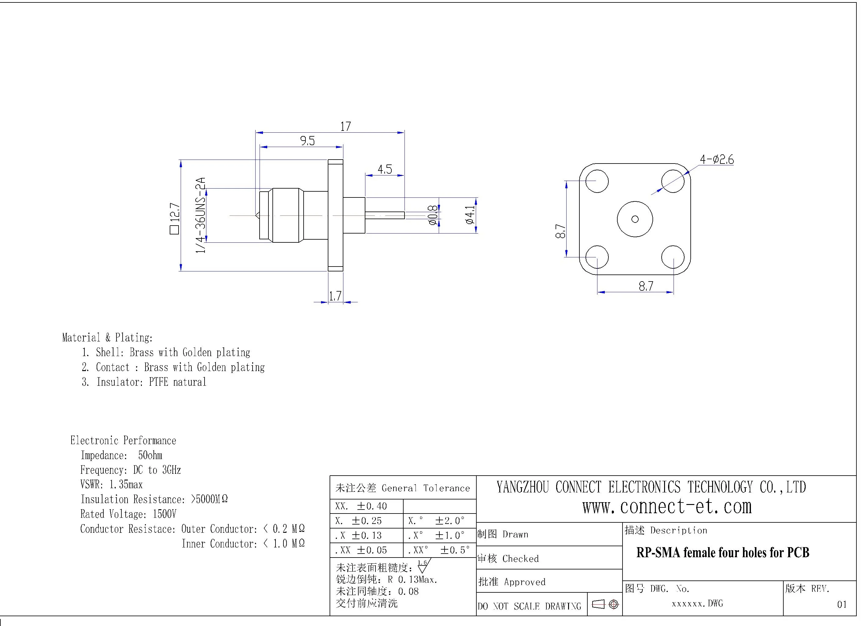 SMA/RP-SMA FEMALE FOUR HOLE FOR PCB