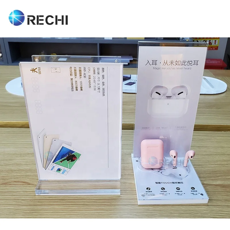 RECHI Counter Acrylic Retail POS Acrylic Earphone Display Stand Rack For TWS Wireless Earphone With Acrylic Air-bud Sign Display