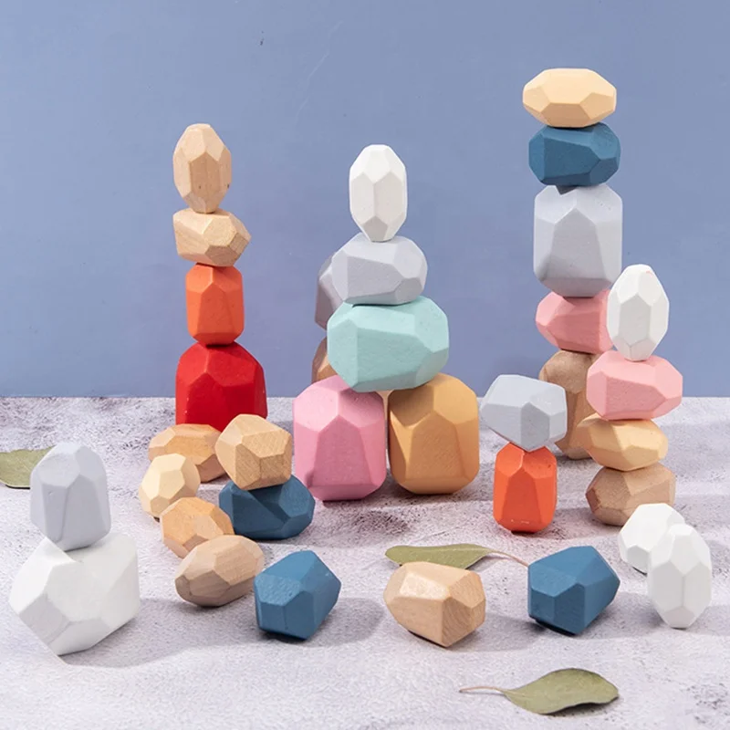 Children Colored Creative Nordic Style Stacking Block Game Stacking Stones Wood Toys Wooden Pebbles Kids Toy